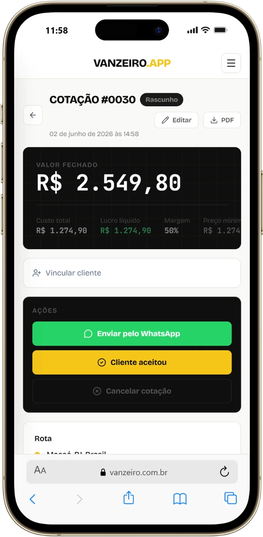Cotação resultado — R$ 2.549,80 com lucro líquido R$ 1.274,90 e margem 50%
