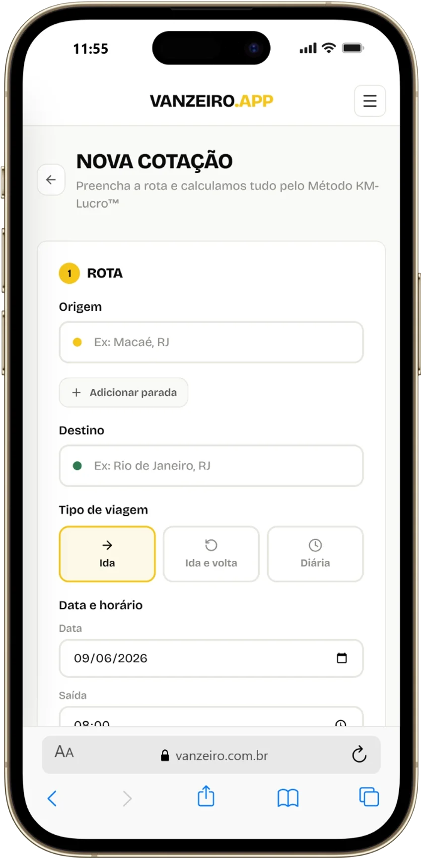 Nova cotação — rota Macaé até Copacabana, 390 km, ida e volta
