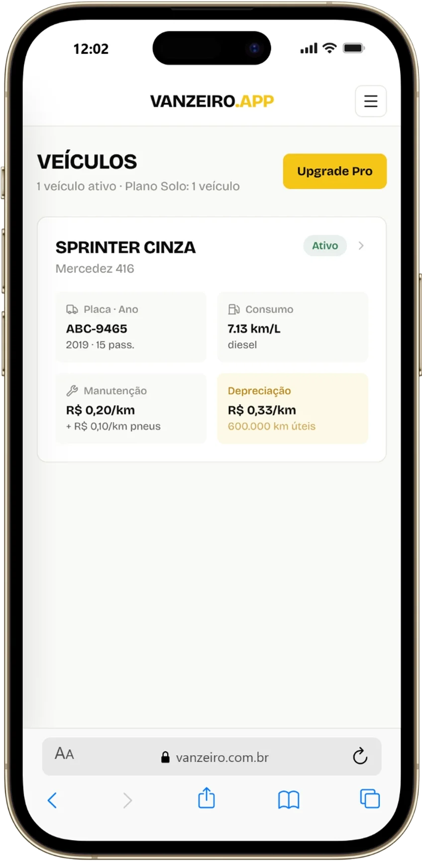 Tela de veículos — Sprinter Cinza com custo 7,13 km/L e manutenção R$ 0,20/km